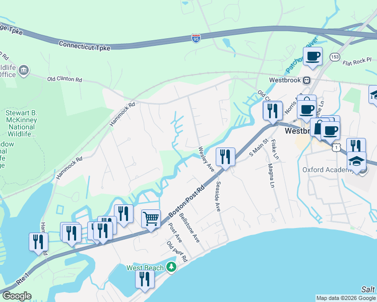 map of restaurants, bars, coffee shops, grocery stores, and more near 73 Wesley Avenue in Westbrook