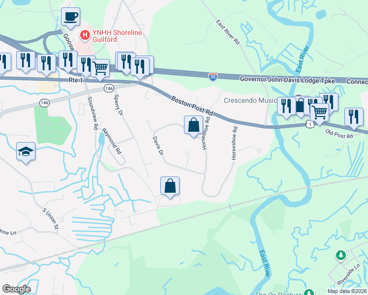 map of restaurants, bars, coffee shops, grocery stores, and more near 14 Stonewall Lane in Guilford
