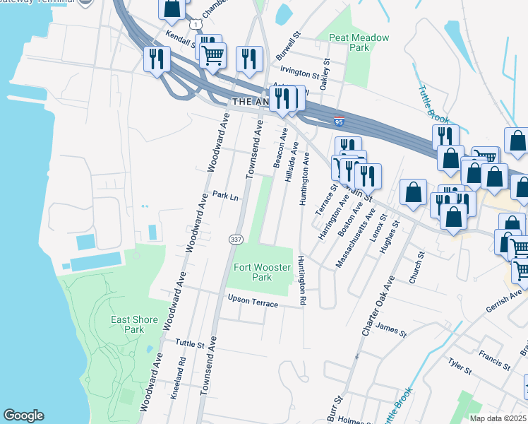 map of restaurants, bars, coffee shops, grocery stores, and more near 58 Beacon Avenue in East Haven