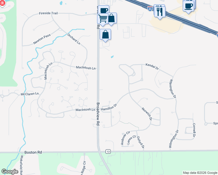 map of restaurants, bars, coffee shops, grocery stores, and more near 10323 Broadview Rd in Broadview Heights