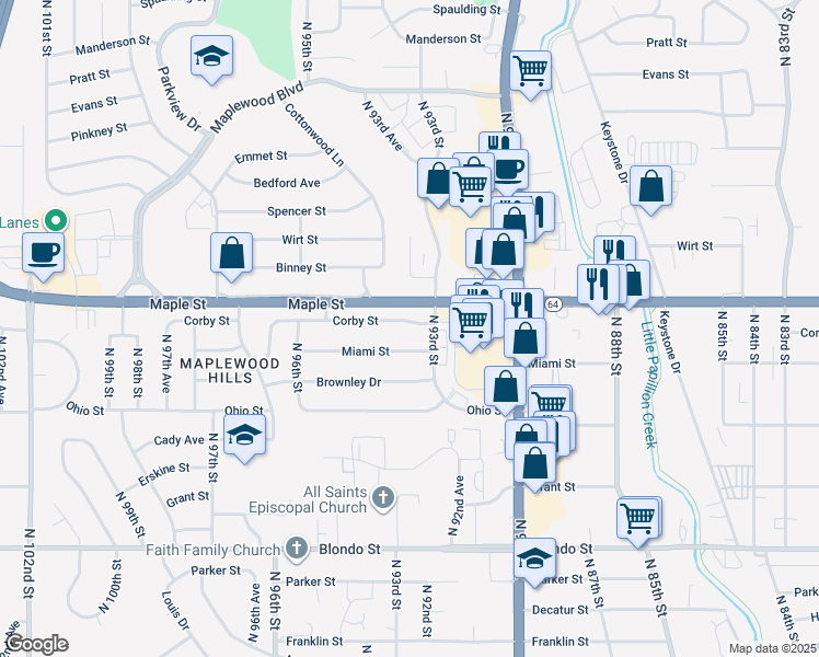 map of restaurants, bars, coffee shops, grocery stores, and more near 9317 Corby Street in Omaha