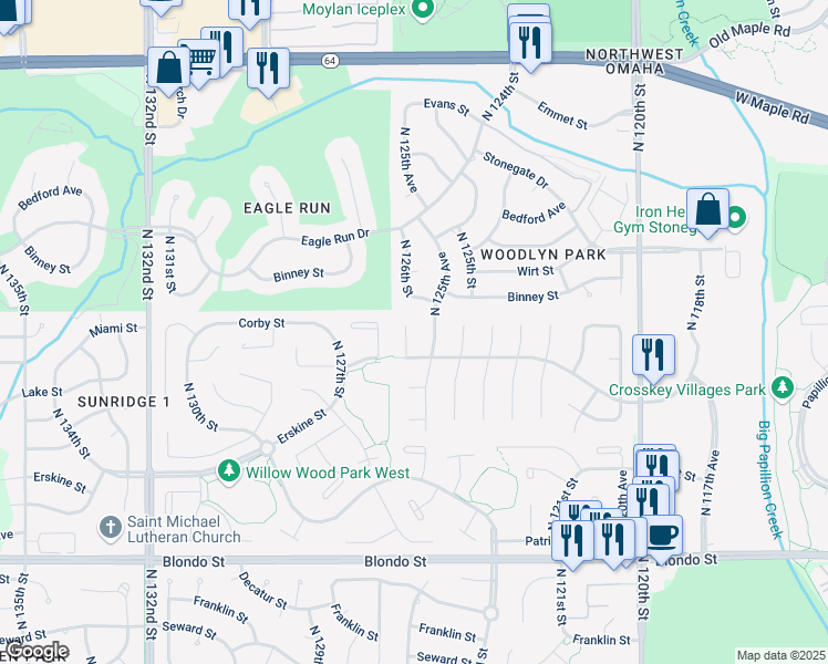 map of restaurants, bars, coffee shops, grocery stores, and more near 2729 North 126th Circle in Omaha