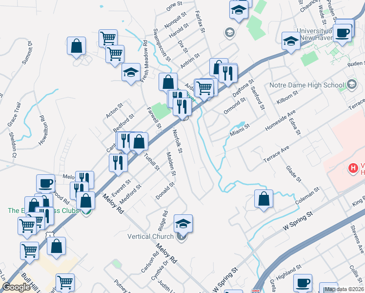 map of restaurants, bars, coffee shops, grocery stores, and more near 37 Norfolk Street in West Haven