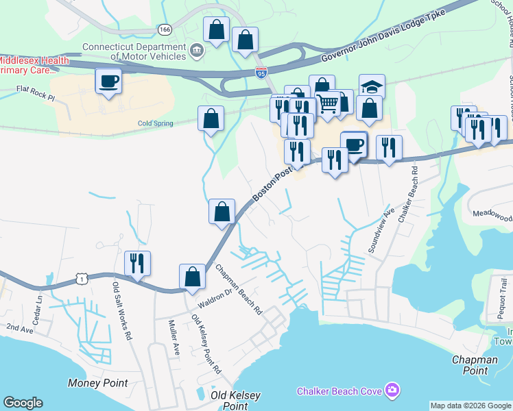 map of restaurants, bars, coffee shops, grocery stores, and more near 1760D Boston Post Road in Old Saybrook