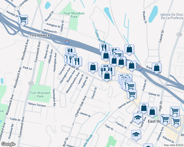 map of restaurants, bars, coffee shops, grocery stores, and more near 597 Main Street in East Haven