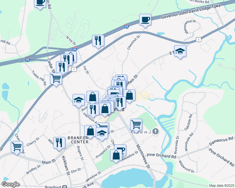 map of restaurants, bars, coffee shops, grocery stores, and more near 1236 Main Street in Branford