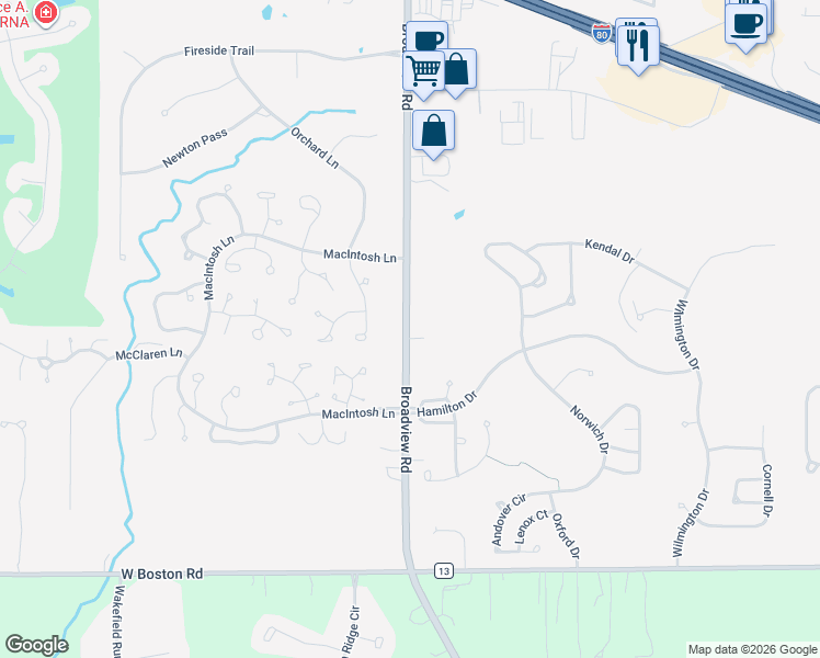 map of restaurants, bars, coffee shops, grocery stores, and more near 10305 Broadview Road in Broadview Heights