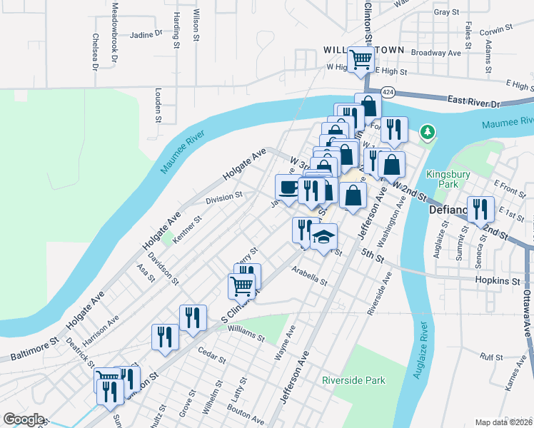 map of restaurants, bars, coffee shops, grocery stores, and more near 624 Jackson Avenue in Defiance