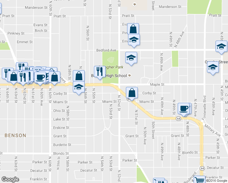 map of restaurants, bars, coffee shops, grocery stores, and more near 5203 Northwest Radial Highway in Omaha
