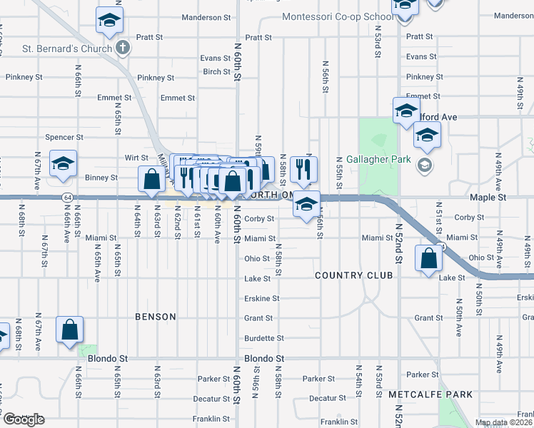 map of restaurants, bars, coffee shops, grocery stores, and more near 5816 Corby Street in Omaha