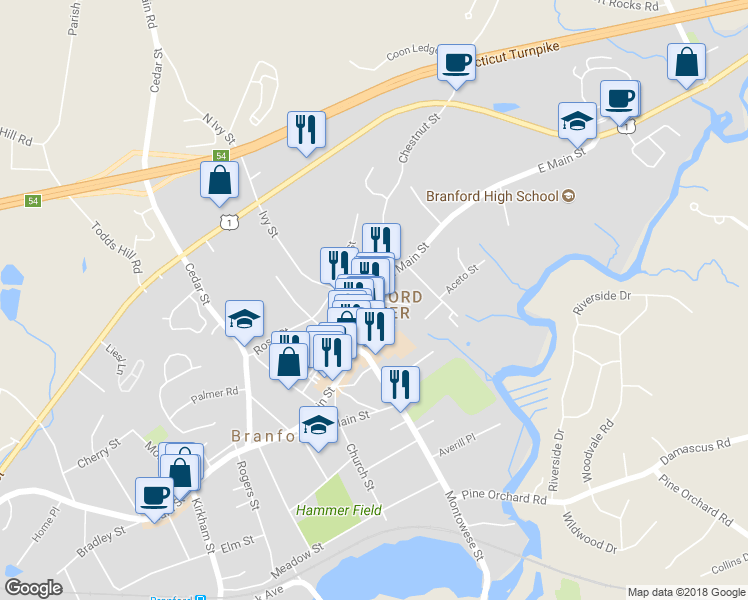 map of restaurants, bars, coffee shops, grocery stores, and more near 2 Svea Ave in Branford