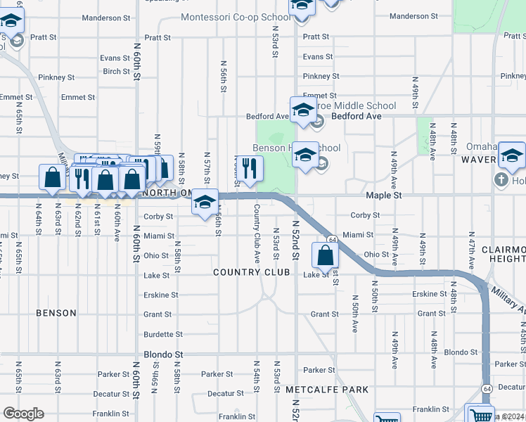 map of restaurants, bars, coffee shops, grocery stores, and more near 5322 Corby Street in Omaha
