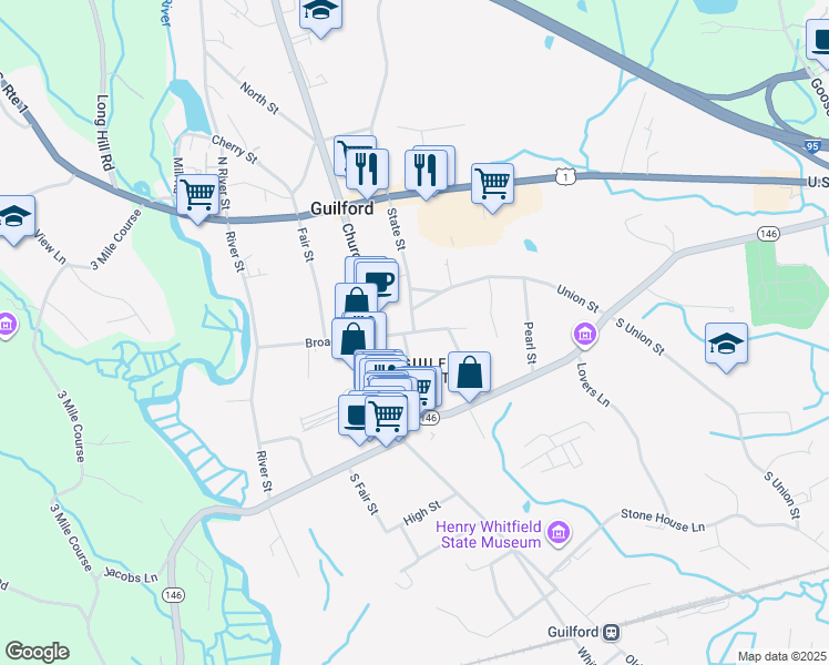 map of restaurants, bars, coffee shops, grocery stores, and more near 1 State Street in Guilford