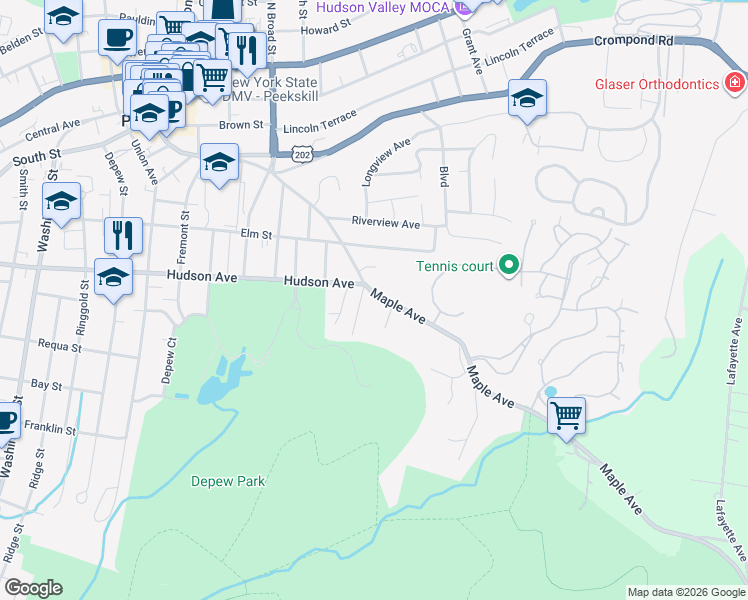 map of restaurants, bars, coffee shops, grocery stores, and more near 1503 Maple Avenue in Peekskill
