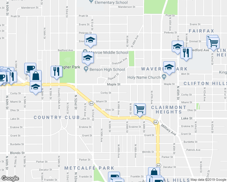 map of restaurants, bars, coffee shops, grocery stores, and more near 4966 Corby Street in Omaha