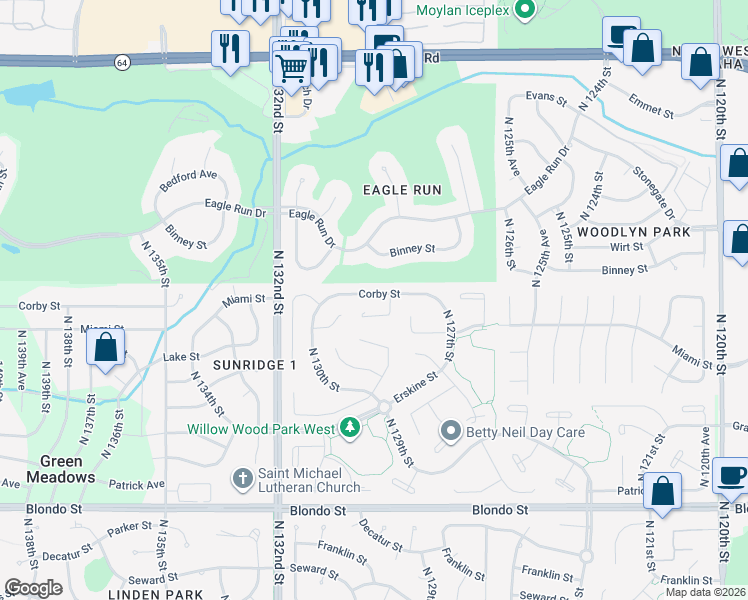 map of restaurants, bars, coffee shops, grocery stores, and more near 12917 Corby Street in Omaha