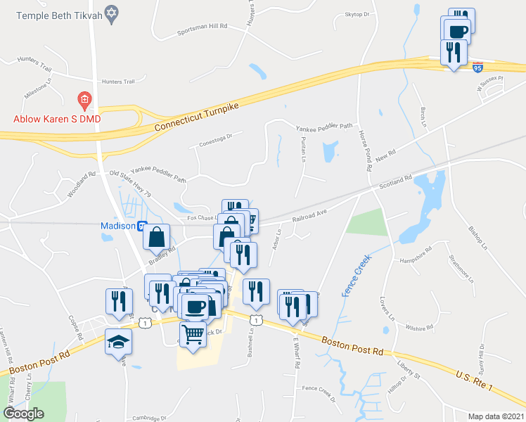 map of restaurants, bars, coffee shops, grocery stores, and more near 52 Fox Chase Lane in Madison
