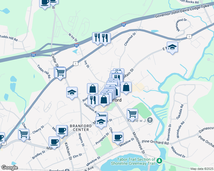 map of restaurants, bars, coffee shops, grocery stores, and more near 1212 East Main Street in Branford