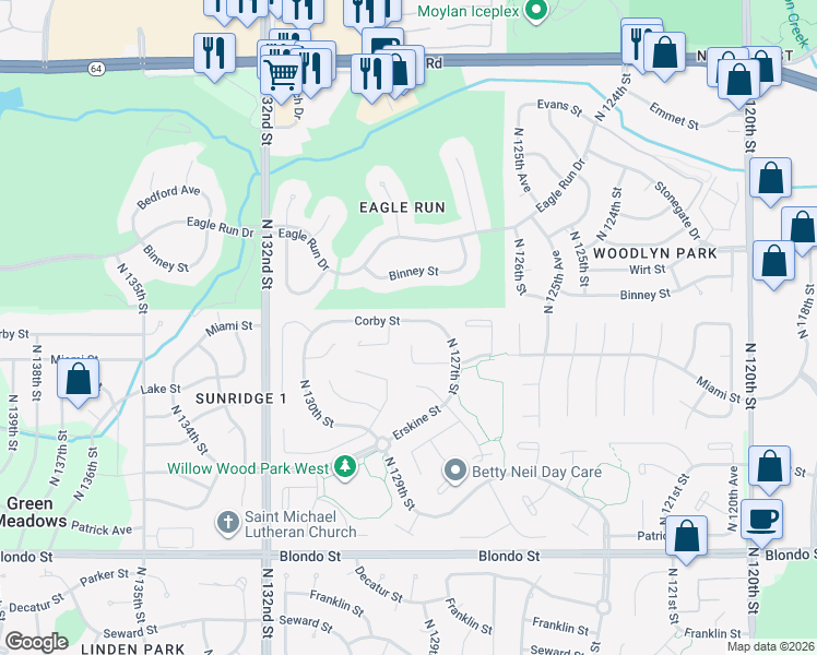 map of restaurants, bars, coffee shops, grocery stores, and more near 12729 Corby Street in Omaha