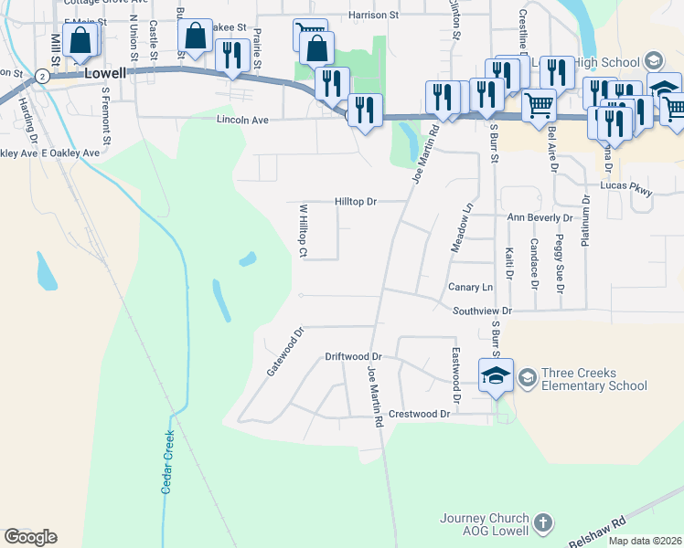 map of restaurants, bars, coffee shops, grocery stores, and more near 1230 Hilltop Court in Lowell