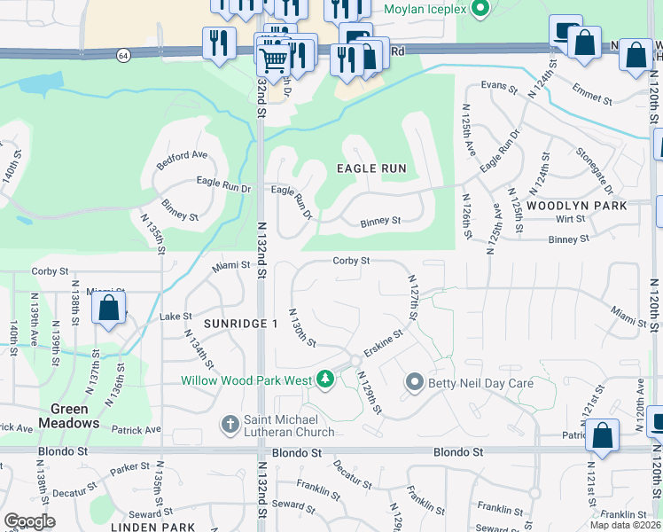 map of restaurants, bars, coffee shops, grocery stores, and more near 12917 Corby Street in Omaha