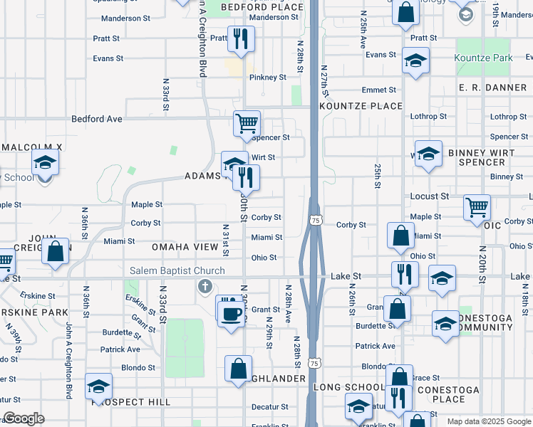 map of restaurants, bars, coffee shops, grocery stores, and more near 2864 Corby Street in Omaha