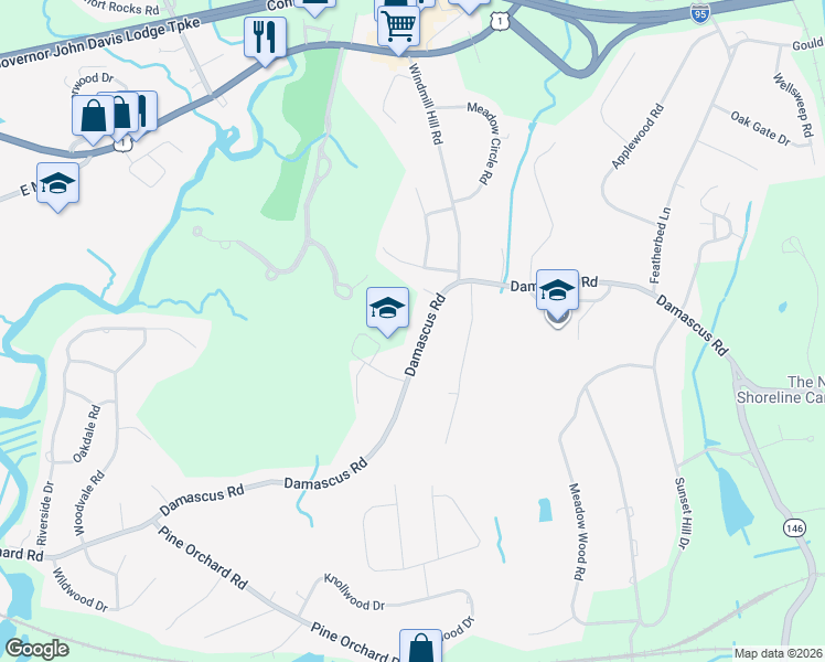 map of restaurants, bars, coffee shops, grocery stores, and more near 134 Damascus Road in Branford