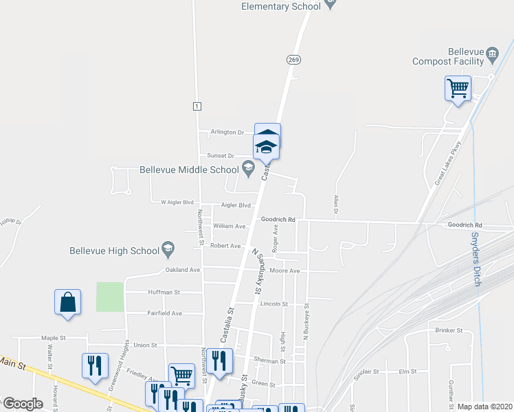 map of restaurants, bars, coffee shops, grocery stores, and more near 999 Castalia Street in Bellevue
