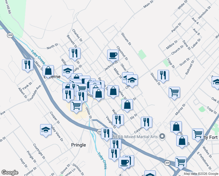 map of restaurants, bars, coffee shops, grocery stores, and more near 525 Bennett St in Luzerne