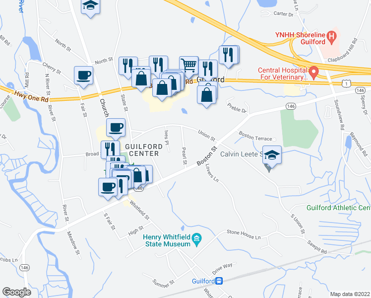 map of restaurants, bars, coffee shops, grocery stores, and more near 37 Pearl Street in Guilford