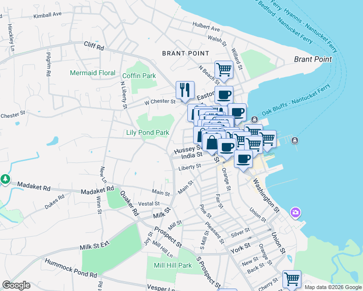 map of restaurants, bars, coffee shops, grocery stores, and more near 16 Quince Street in Nantucket