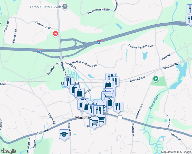 map of restaurants, bars, coffee shops, grocery stores, and more near 4 Yankee Glen Road in Madison