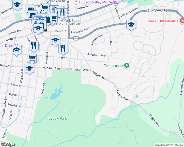 map of restaurants, bars, coffee shops, grocery stores, and more near 1503 Maple Avenue in Peekskill
