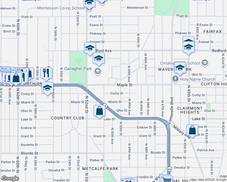 map of restaurants, bars, coffee shops, grocery stores, and more near 5018 Corby Street in Omaha