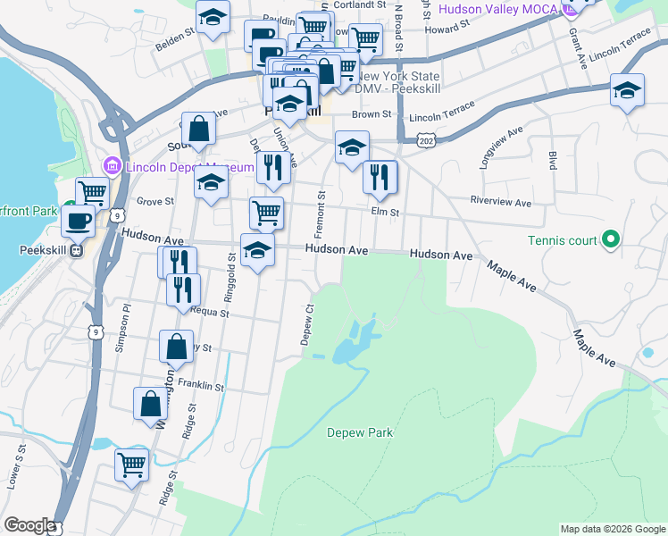 map of restaurants, bars, coffee shops, grocery stores, and more near 316 Walnut Street in Peekskill