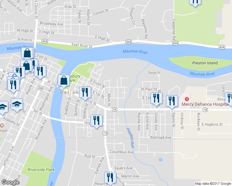 map of restaurants, bars, coffee shops, grocery stores, and more near 114 Prospect Street in Defiance