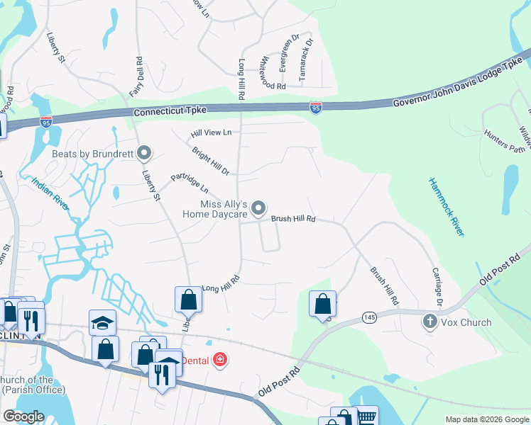 map of restaurants, bars, coffee shops, grocery stores, and more near 7 Brush Hill Road in Clinton