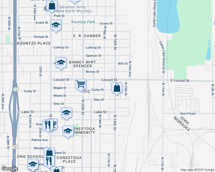 map of restaurants, bars, coffee shops, grocery stores, and more near 1611 Maple Street in Omaha