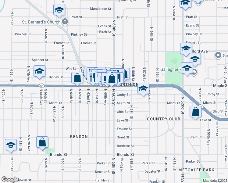map of restaurants, bars, coffee shops, grocery stores, and more near 2807 North 60th Street in Omaha