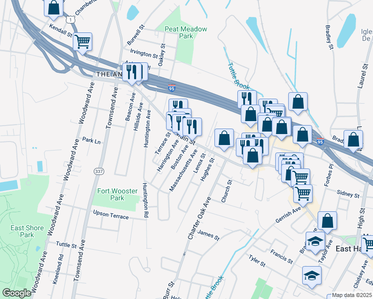 map of restaurants, bars, coffee shops, grocery stores, and more near 99 Boston Avenue in East Haven