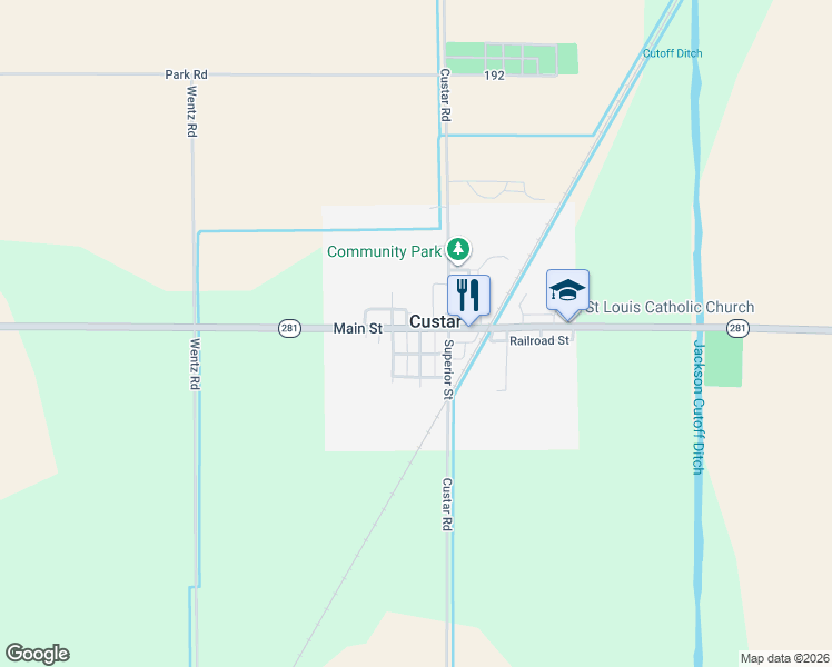 map of restaurants, bars, coffee shops, grocery stores, and more near 23083 Defiance Pike in Custar