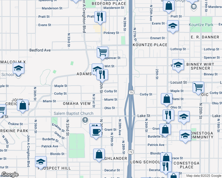 map of restaurants, bars, coffee shops, grocery stores, and more near 2864 Corby Street in Omaha