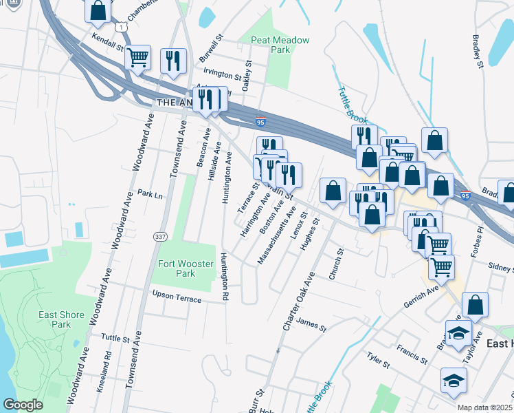 map of restaurants, bars, coffee shops, grocery stores, and more near 120 Harrington Avenue in New Haven