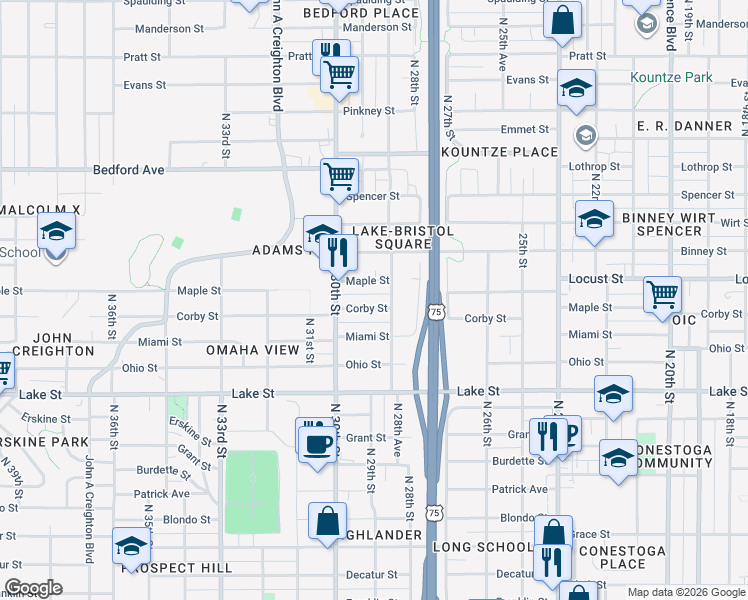 map of restaurants, bars, coffee shops, grocery stores, and more near 2860 Corby Street in Omaha