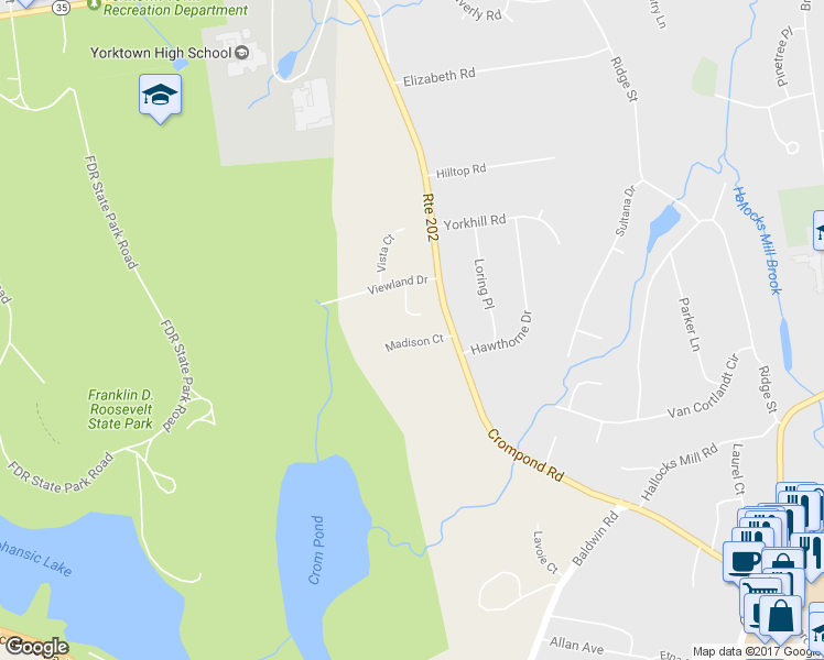 map of restaurants, bars, coffee shops, grocery stores, and more near 598 Madison Court in Yorktown Heights