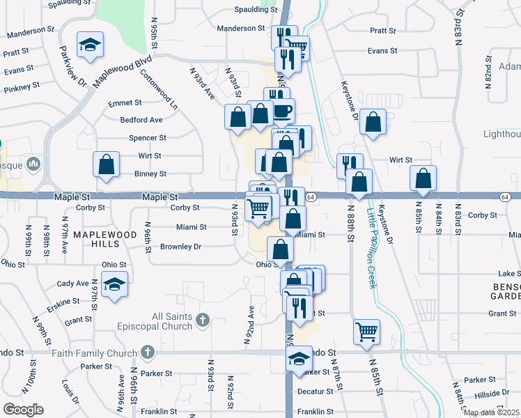 map of restaurants, bars, coffee shops, grocery stores, and more near 2802 North 90th Street in Omaha