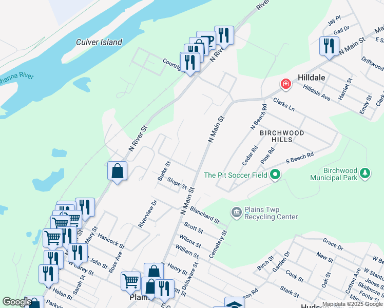 map of restaurants, bars, coffee shops, grocery stores, and more near 404 North Main Street in Wilkes-Barre