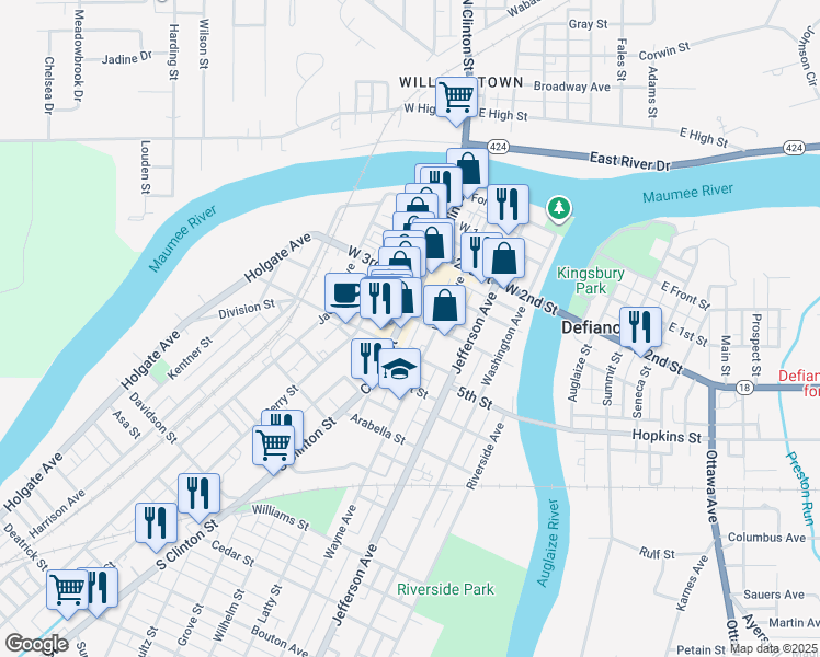 map of restaurants, bars, coffee shops, grocery stores, and more near 505 Clinton Street in Defiance
