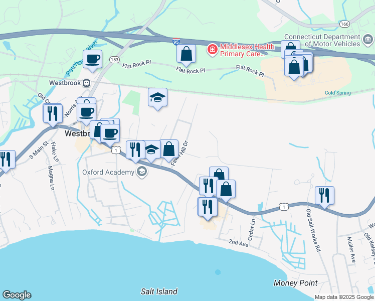 map of restaurants, bars, coffee shops, grocery stores, and more near 6 Maple Ridge Road in Westbrook