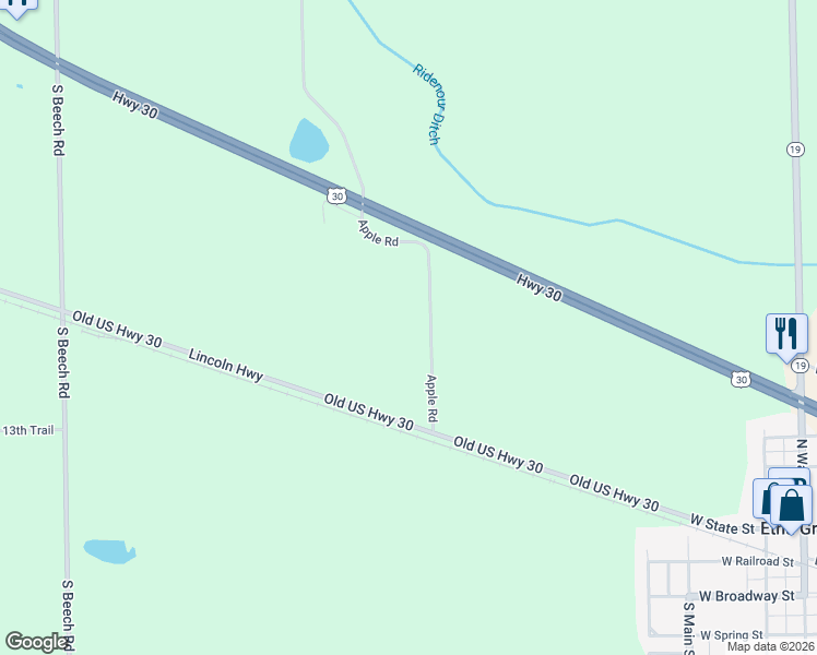 map of restaurants, bars, coffee shops, grocery stores, and more near 13381 Apple Road in Bourbon